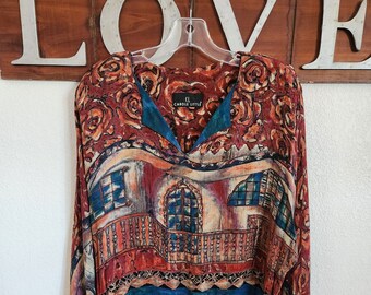 Vintage Carole Little 90's Crop Blouse | Abstract European Design | M/L