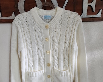 Vintage Cardigan Sweater with Pockets | Cable Knit Cream Cardigan - 36" Bust