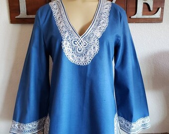 Vintage Embroidered Tunic Top | Blue Cotton Moroccan Tunic Top | Joseph Magnin Tunic Top | Small