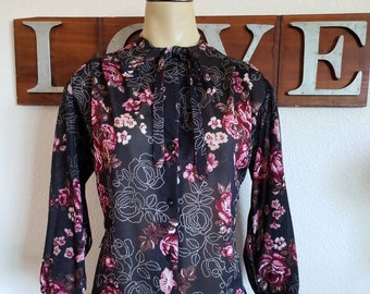 Vintage 1970's Sheer Polyester Floral Tunic Top by Candice, Boho Top with Tie at Neck, Rose Floral Blouse, Size  Medium