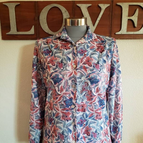 Vintage Long Sleeve Polyester Floral Blouse by Todays Times | Red White Blue Floral Blouse | Medium