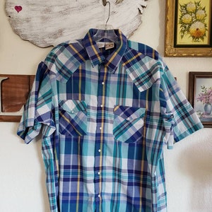 Vintage Plaid Western Shirt by Western Frontier | Green Plaid Cowboy Shirt | Shirt Sleeve Western Shirt | 50&quot; Chest