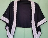 Vintage Wool Shawl, Wool and Lace With Gems, Black and Cream