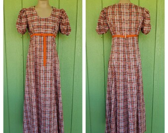 S 32 Chest Vintage 1970/'s Cotton Plaid Maxi Dress Short Puff Sleeve Dress Empire Waist Full Skirt Maxi Dress Boho Hippie Dress