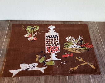 Retro Jumbo Dish Tea Towel 1950s Large Kitchen Towel Red Circles Dishes Cruet Holders Covered Bowls Small Table Cover Tablecloth MCM