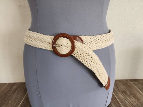 Vintage Wide Woven Belt With Brown Buckle and End… - image 1