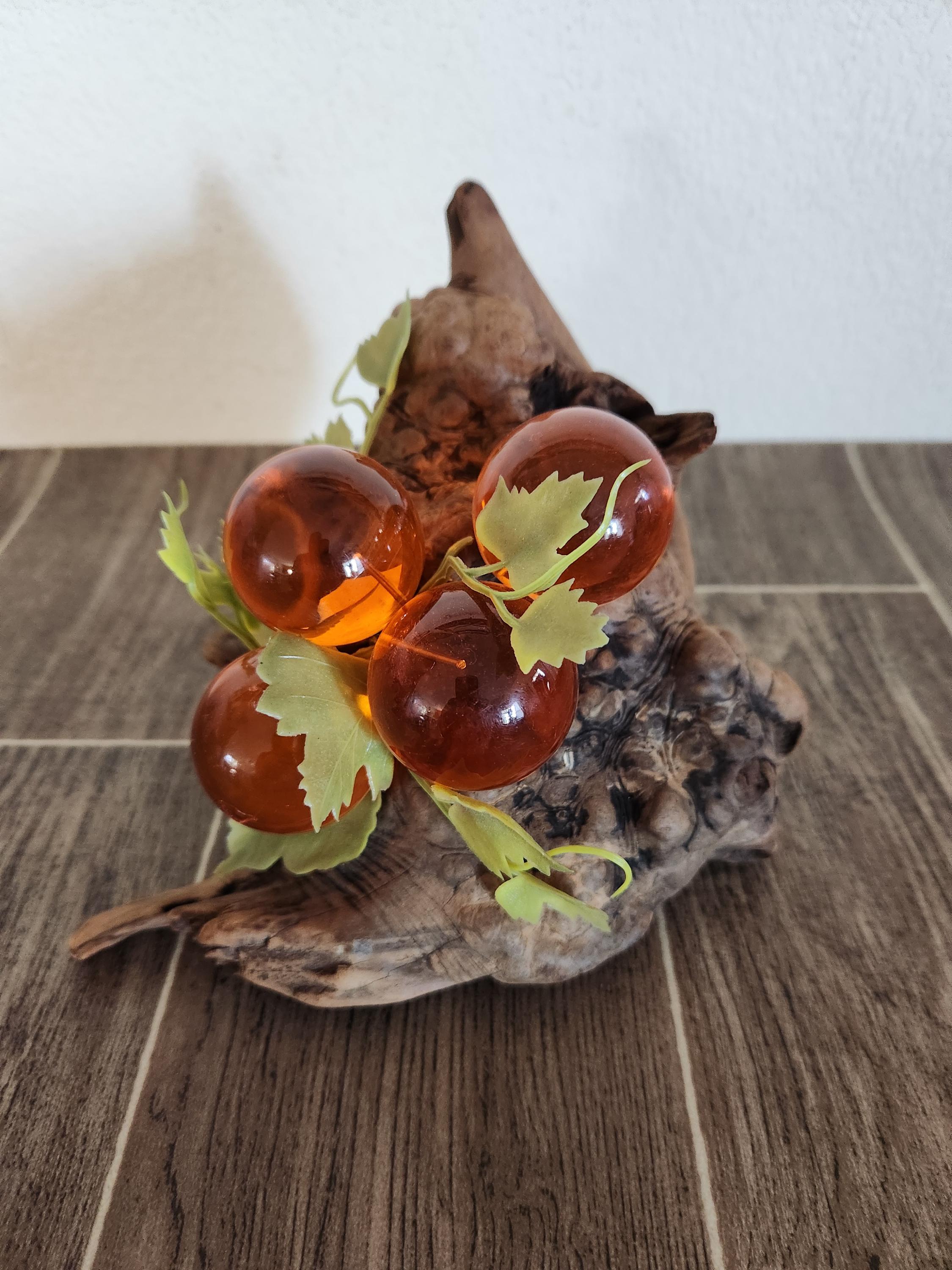 Vintage Lucite Orange Grapes on Grapevine Burl Wood | Mid