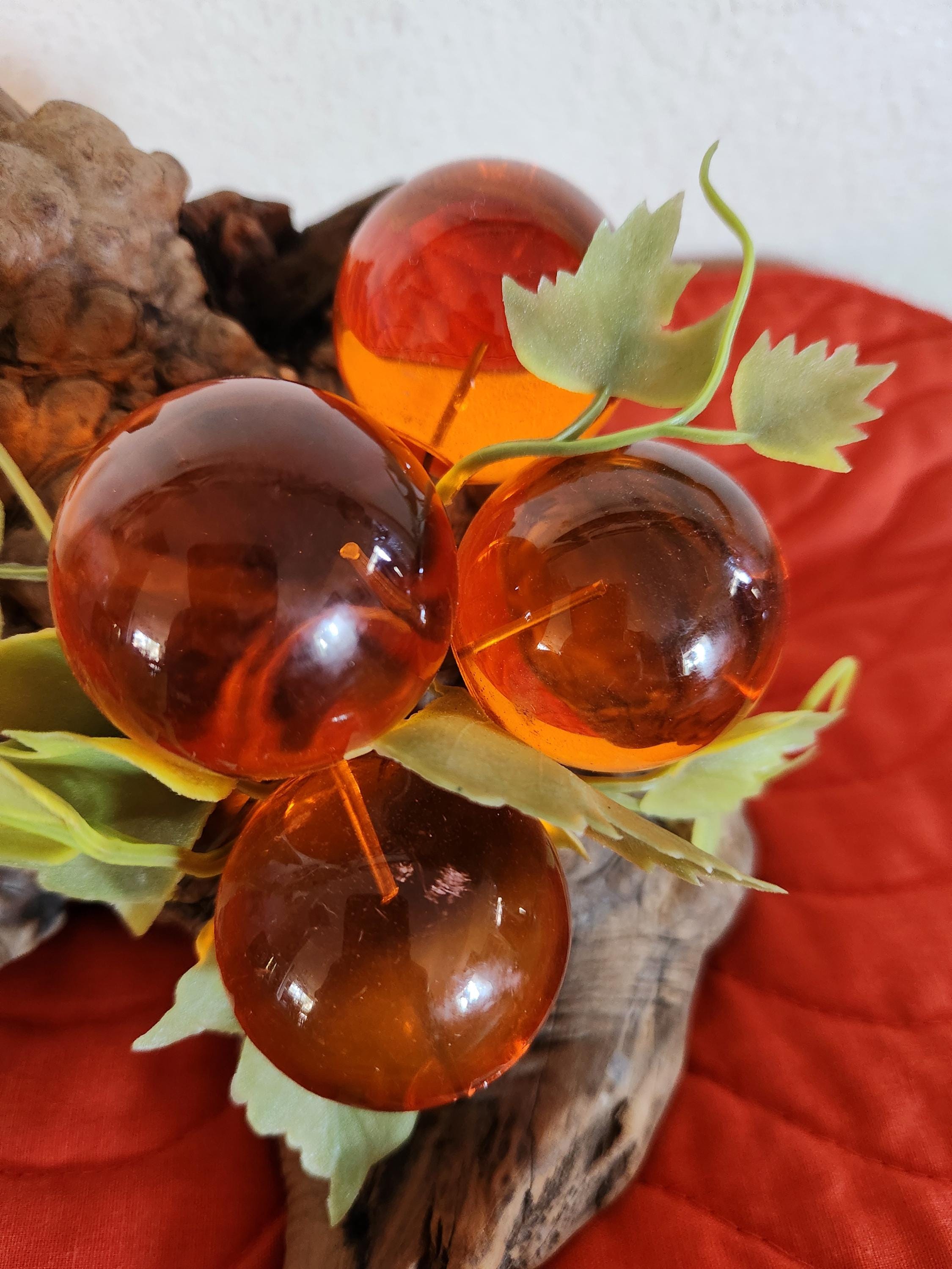 Vintage Lucite Orange Grapes on Grapevine Burl Wood | Mid