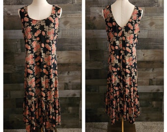 Vintage Romantic Floral Sheer Overlay Tank Style Dress | Large - See Measurements