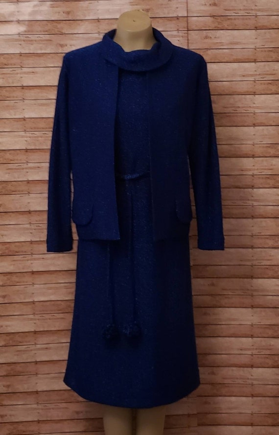 Vintage 1970's Metallic Blue Knit Dress And Jacke… - image 2