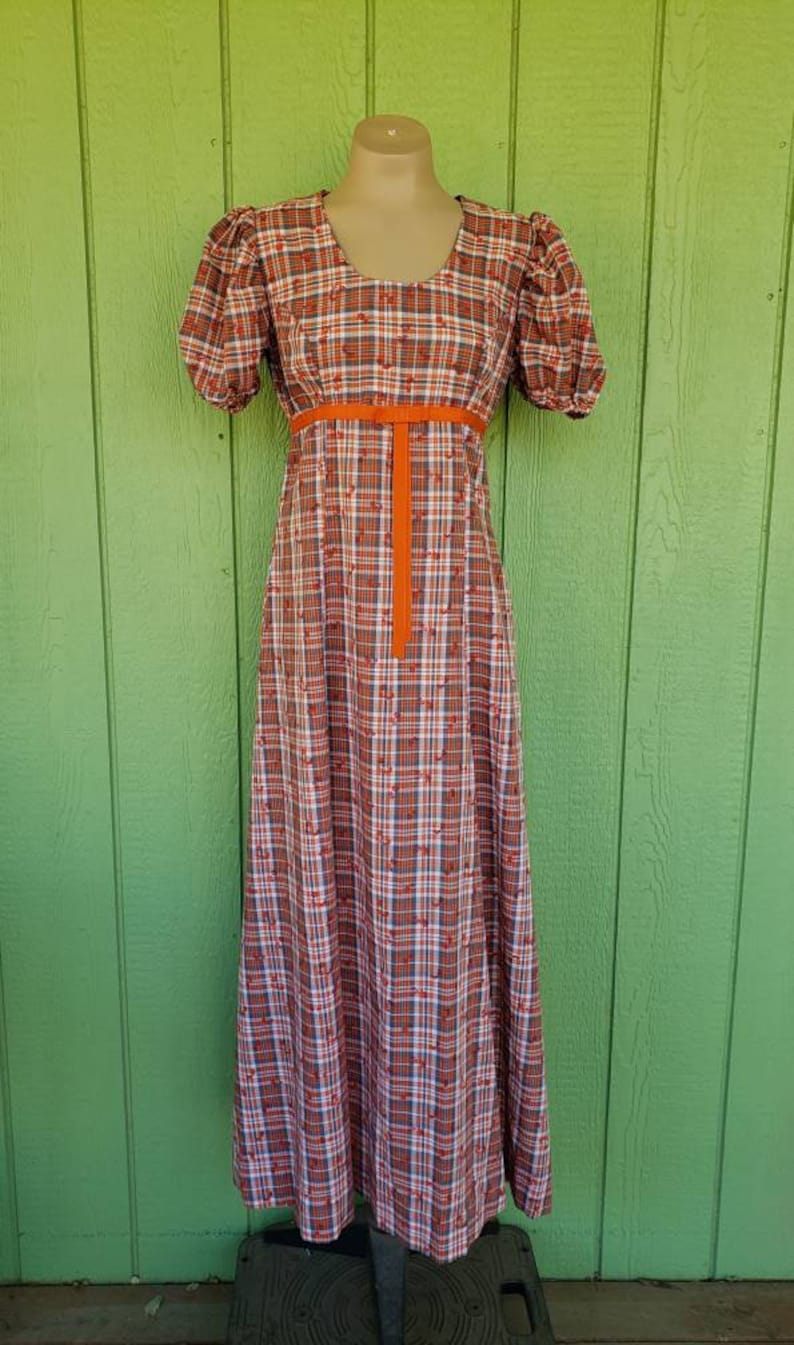 S 32 Chest Vintage 1970/'s Cotton Plaid Maxi Dress Short Puff Sleeve Dress Empire Waist Full Skirt Maxi Dress Boho Hippie Dress