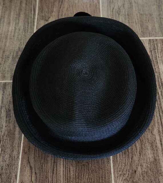 Vintage 1950's Black Woven Straw Hat With Velvet … - image 3