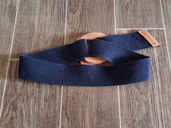 Vintage 1970's Navy Blue Canvas Belt with Leather… - image 3