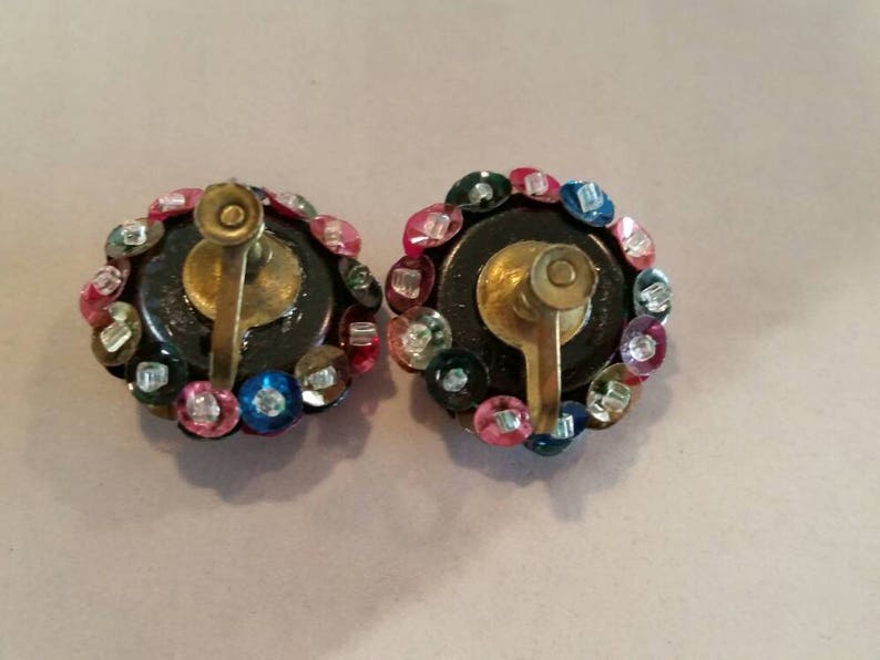 cluster of Sequins Multi Colors Screw Back Vintage Earrings