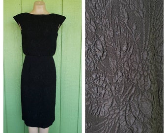 1950's Crepe Floral Black Cocktail Dress by A Poinette Fashion, Size Medium