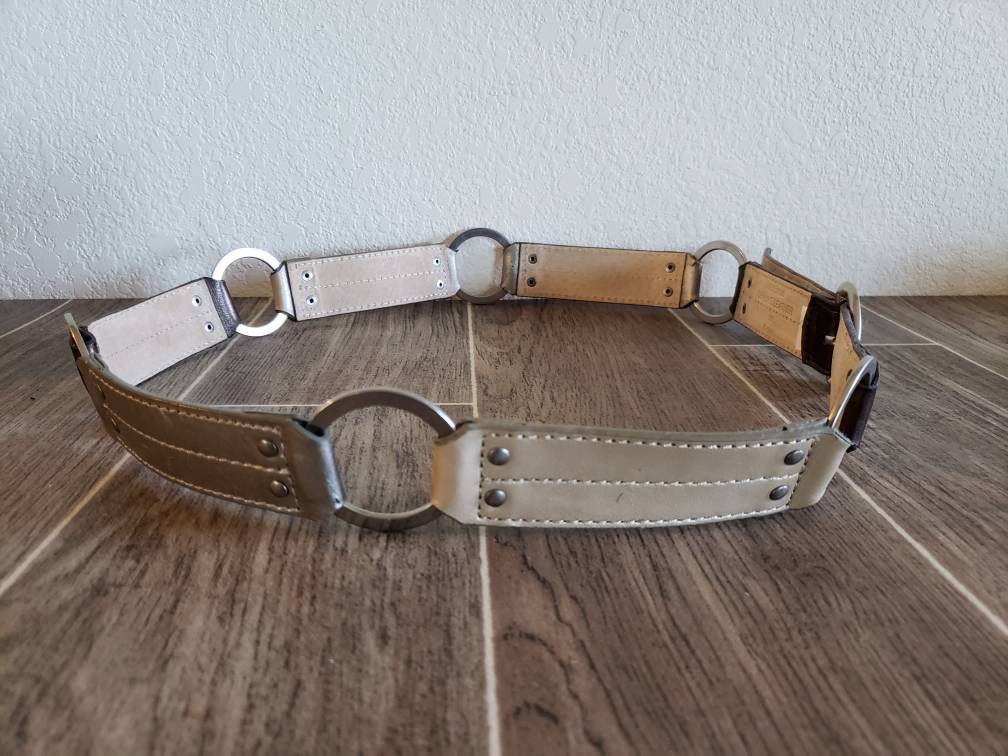Vintage Tan Leather and Tri Tone Hammered Metal Buckle Belt Size XS-S Adjustable Thick Beige Tan Suede Leather Heavy Duty Solid Brass Buckle  main image 3