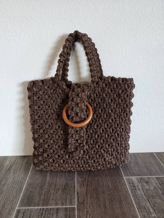 Vintage Brown Macramé Woven Handbag | Top Handle W