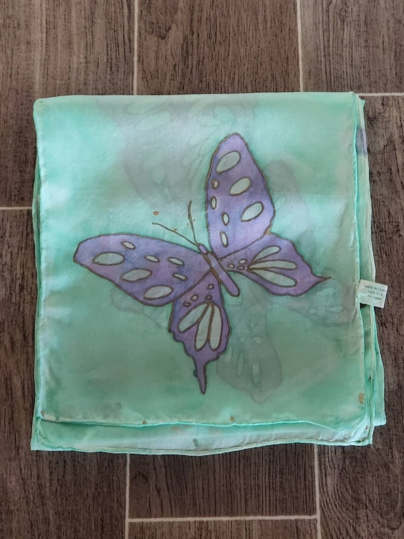 Vintage Hand Painted Silk Scarf with Butterfly De… - image 1