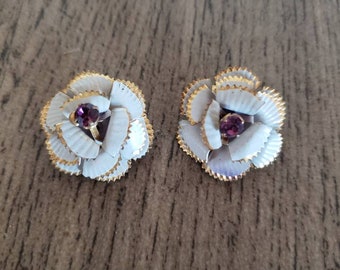 Vintage White Flower Earrings with Purple Rhinestone | White Enameled Cluster Clip On Earrings