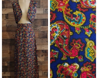 Vintage 1970&#39;s Maxi Skirt and Matching Vest | Floral Shirt and Vest Set | Hippie Skirt and Vest | ML