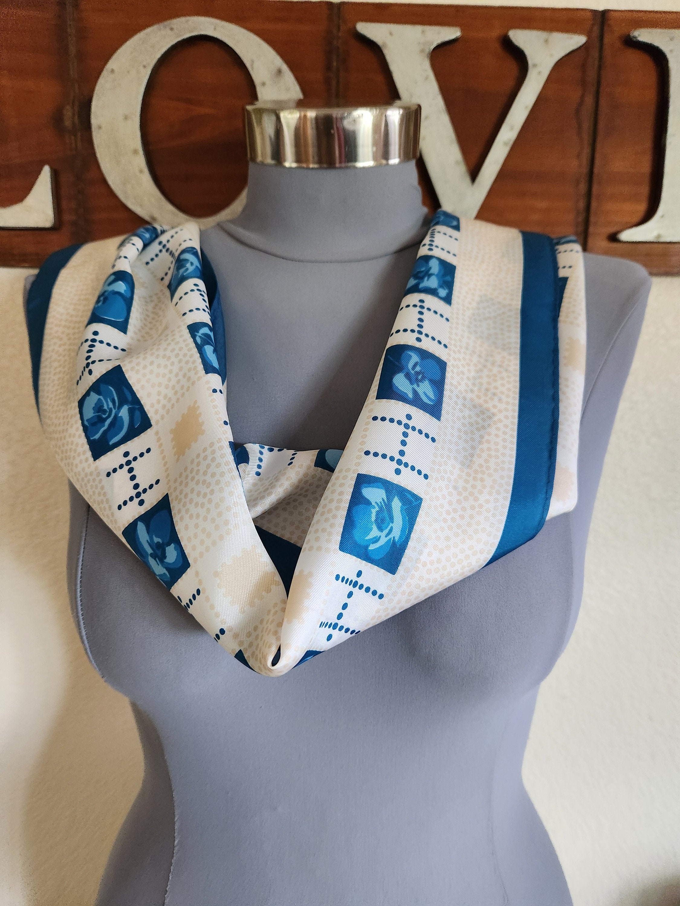 Vintage Geometric Print Long Scarf | Tan Cream and Blue | 16