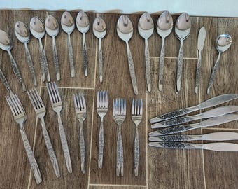 Vintage Mid Century Stainless Steel Flatware Lot by National - Rose Design