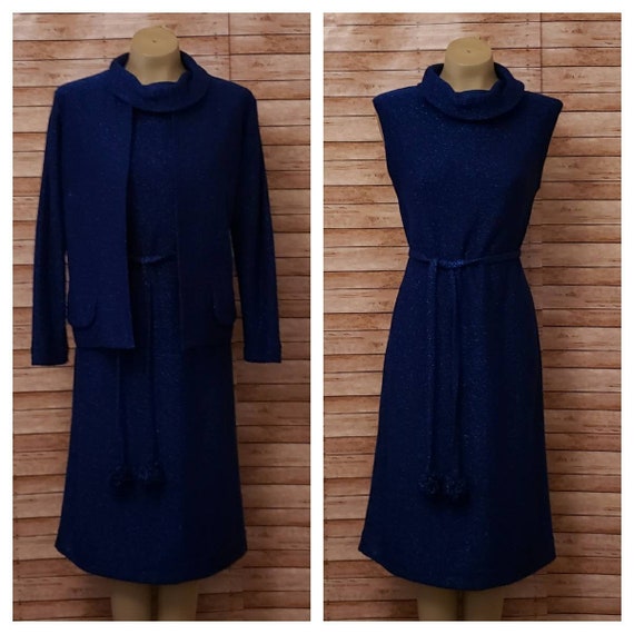 Vintage 1970's Metallic Blue Knit Dress And Jacke… - image 1