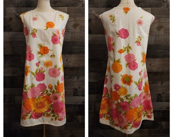 Vintage Floral Shift Dress | Cotton Floral Sleeveless Dress - Summer Floral Dress | 42 Bust