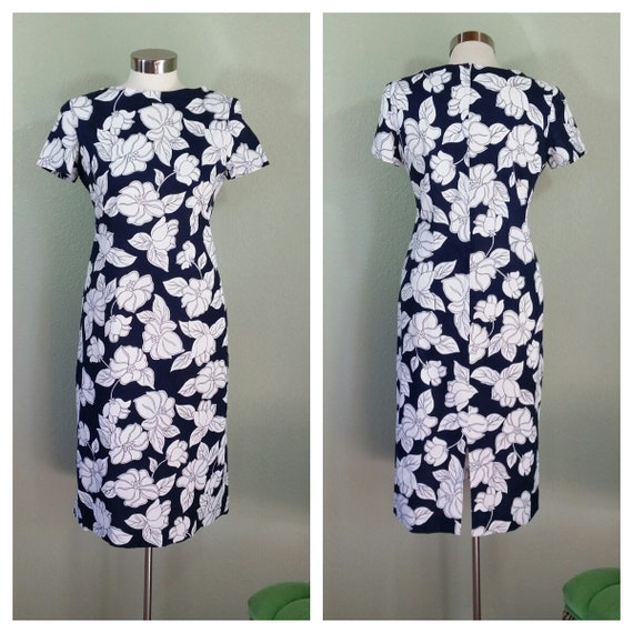 Vintage Hawaiian Shift Dress, Navy and White Hawa… - image 1