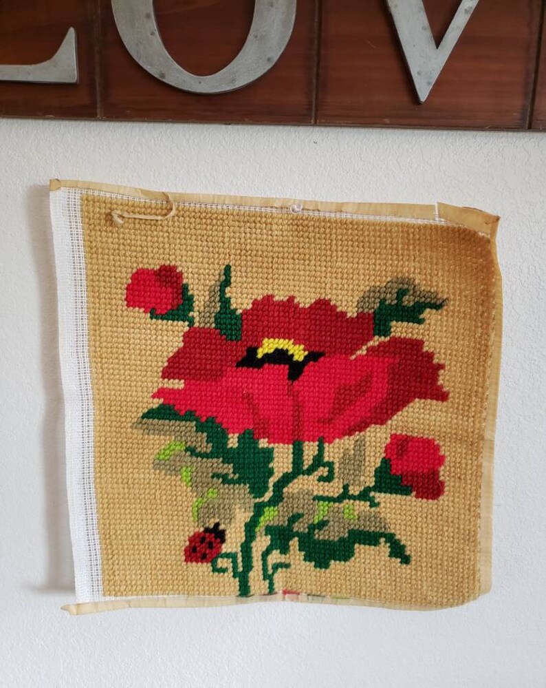 Floral Needlepoint Panel Vintage Needlepoint Panel Completed Large 15 X 15 Red Floral Needlepoint with Ladybug Accent