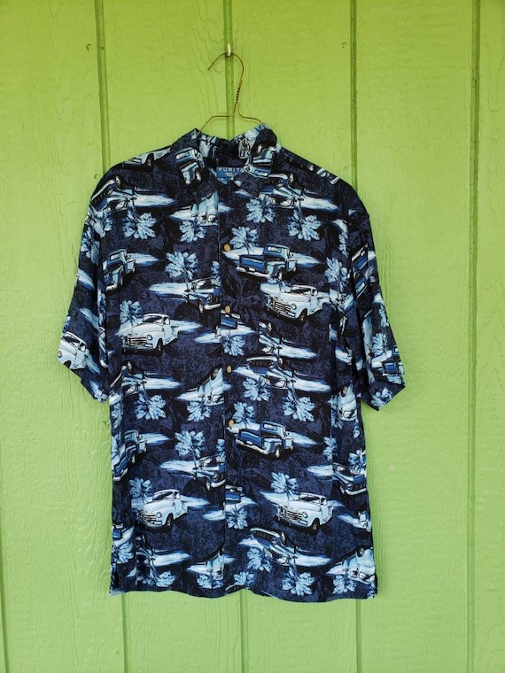 Vintage Men's Puritan Brand Rayon Shirt, Tropical Print Shirt With Trucks,  Blue on Blue Shirt, S 42 Chest 