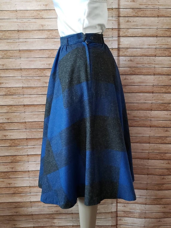 Vintage Wool Plaid Circle Skirt | Blue and Black … - image 3