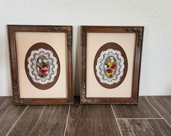 Vintage Set Of Framed Lace and Needlepoint Wall Decor | Victorian Style Framed Art