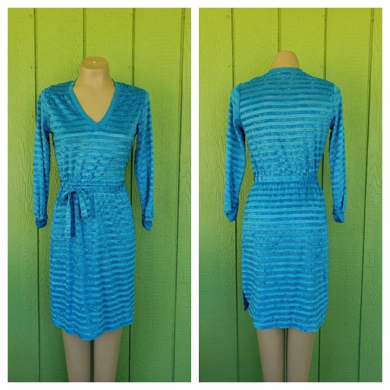 Vintage 1970's Day Dress | Turquoise Polyester Kn… - image 1