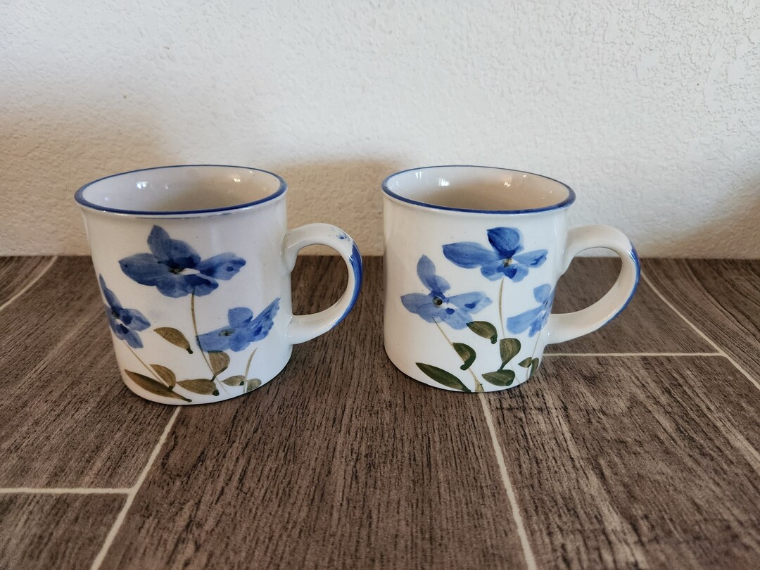 Lot De 2 Mugs Vintage – Tons Bleus, Céramique – Style Rétro Pour La Cuisine