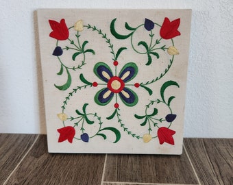 Vintage Embroidered Pennsylvania Dutch Style Floral Panel on Board | Tulip Floral Embroidered Panel 8" Square
