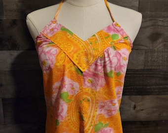Vintage 1970's Maxi Length Halter Dress | Rose Floral and Orange Paisley Crepe Maxi Dress S/M - See Measurements Listed
