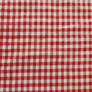 May include: A close-up of red and white gingham fabric. The pattern is made up of evenly spaced squares, creating a classic checkered design. The fabric is likely cotton or a similar material, suitable for various crafting or sewing projects.