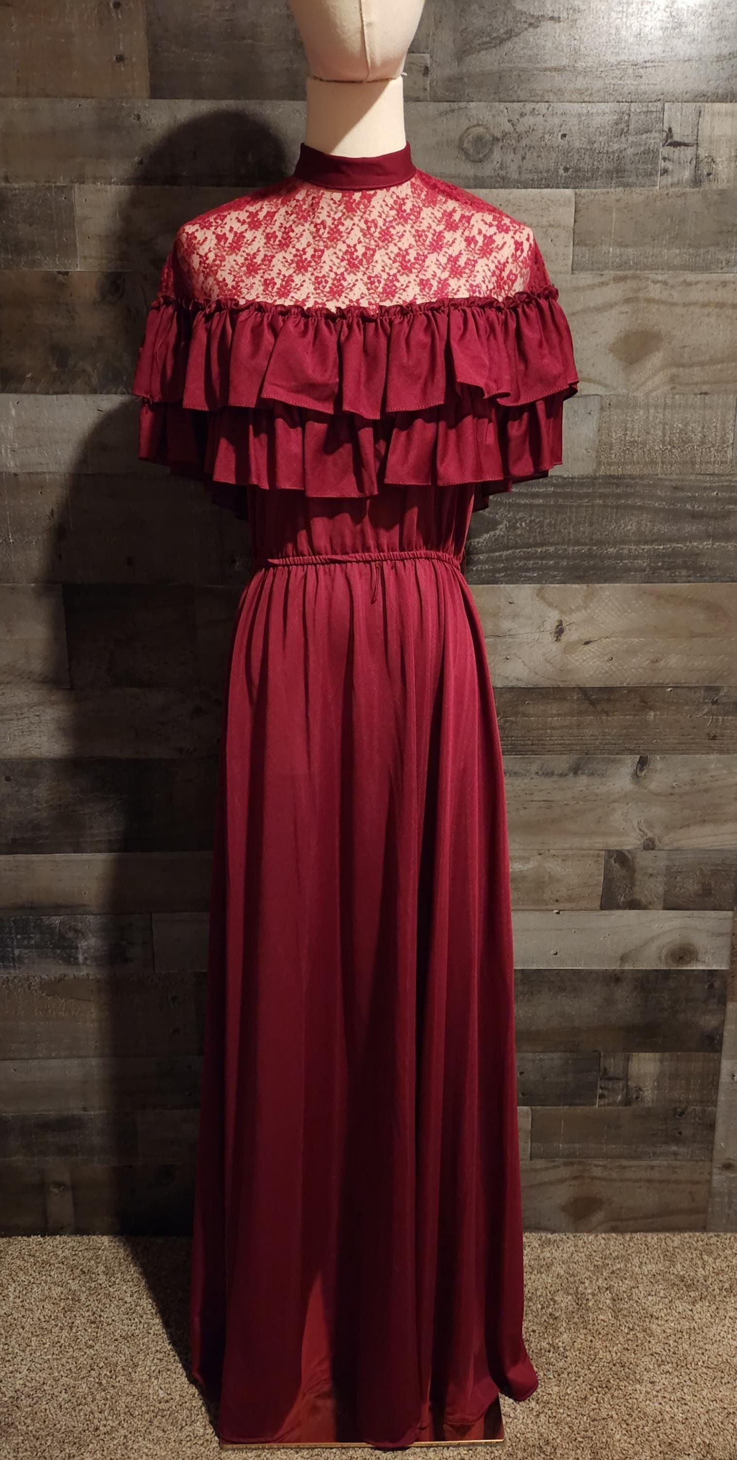 Vintage 1970's Edwardian Style Maxi Dress | Rich Burgundy Lace and Ruffled  | M - See Actual Measurements Listed. - Etsy