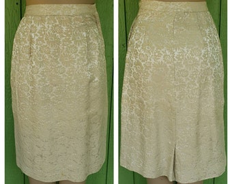 Vintage 1960's High Waist Cream Brocade Knee Skirt | Side Zip Knee Skirt | Floral Brocade Skirt | 22" Waist XS