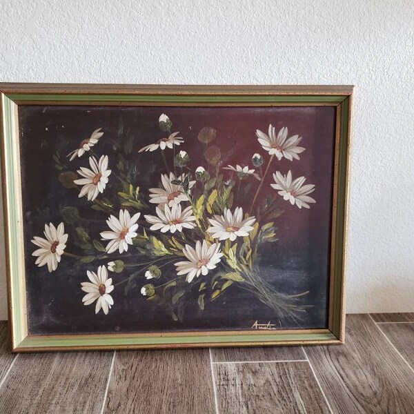 Vintage 1980's Daisy Oil Painting | Framed Oil Painting of Daisies | Daisy Still Like Frame Art |  Oil On Wood Painting