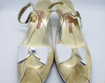 Vintage Clear Plastic and Leather Sandals by Magdesian's USA, California, Clear and White Sandals, Slingback Sandals