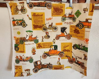 Vintage Cotton Fabric piece with Antique Automobiles by House and Home Fabric  - 44" X 19
