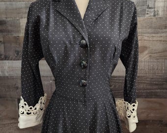 Vintage 1940's Polka-Dot Shirt Dress - Full Skirt 40's Dress