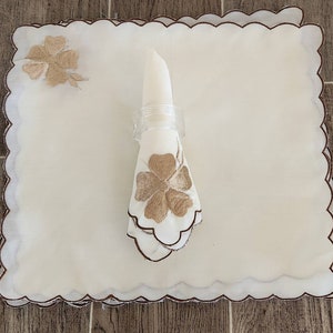 Vintage Fabric Set of Napkins | Cream and Brown Napkins | Scalloped Edge Napkins with Embroidered Flower in Corner | Set of 6 | 12&quot; X 11.5&quot;