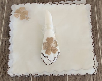 Vintage Fabric Set of Napkins | Cream and Brown Napkins | Scalloped Edge Napkins with Embroidered Flower in Corner | Set of 6 | 12" X 11.5"