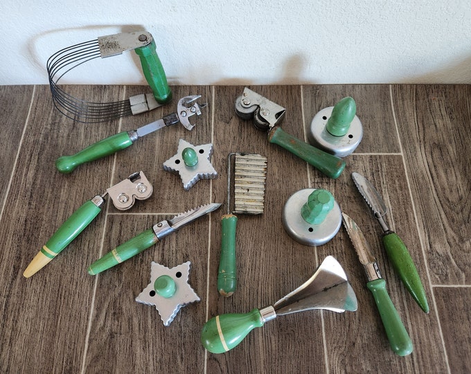 Lot of Vintage Green Handled Kitchen Utensils and Gadgets 1930's