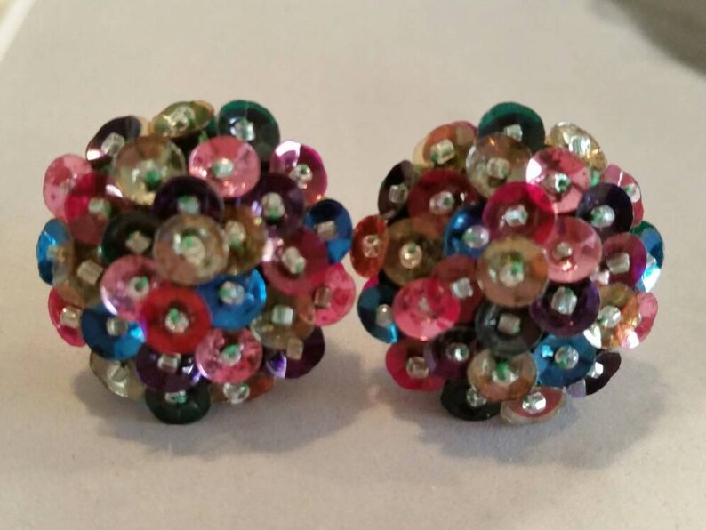 cluster of Sequins Multi Colors Screw Back Vintage Earrings