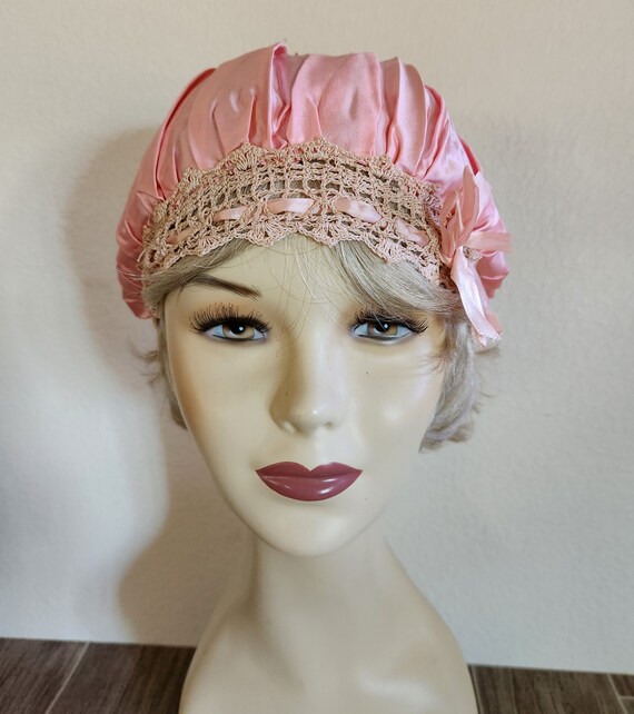 Vintage 1920's Crochet and Silk Boudoir Bed Cap Roa… Gem