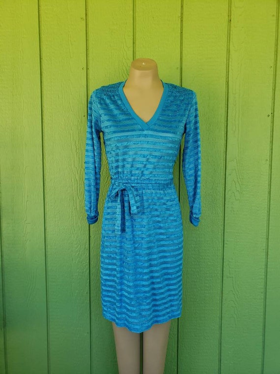 Vintage 1970's Day Dress | Turquoise Polyester Kn… - image 2